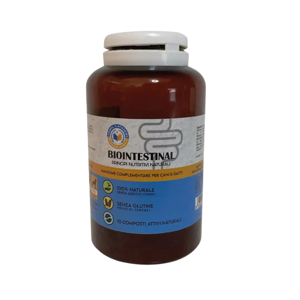 Biointestinal è un prodotto di origine naturale derivato dall’estrazione di diverse piante con la funzione di prevenire e trattare disturbi gastrointestinali di cani e gatti.