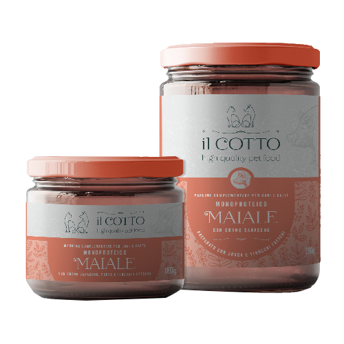 Sottoprodotti di origine animale (Cuore di Maiale 18,4%, Lingua di Maiale 13,1%, Fegato di Maiale 8,3%), Zucca fresca in pezzi 6,2%, Grano Saraceno 5,9%, Finocchi freschi in pezzi 5,9%, Sostanze Minerali. Tutta la gamma del “Il Cotto” nei formati 180g e 380g.